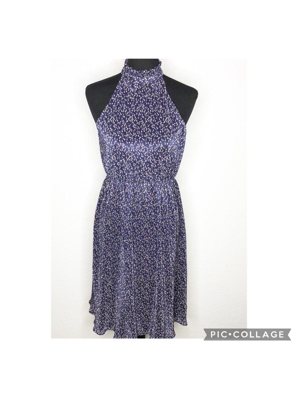Anthropologie HD in Paris navy blue tan splatter accordion pleat midi dress XS
